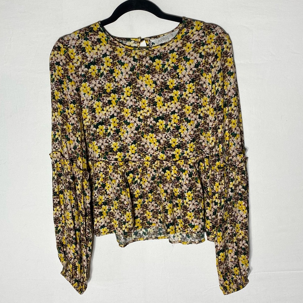 Apricot Yellow Green Ditsy Floral Long Sleeve Peplum Blouse M